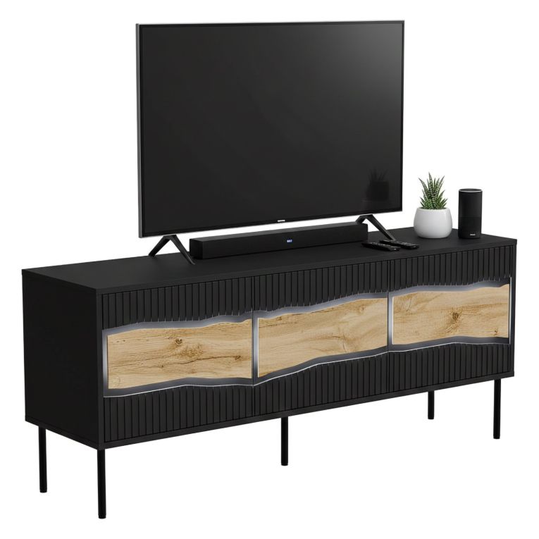 Mobile porta TV Novoli, 144x40 h62 cm, Nero e Rovere Nodi