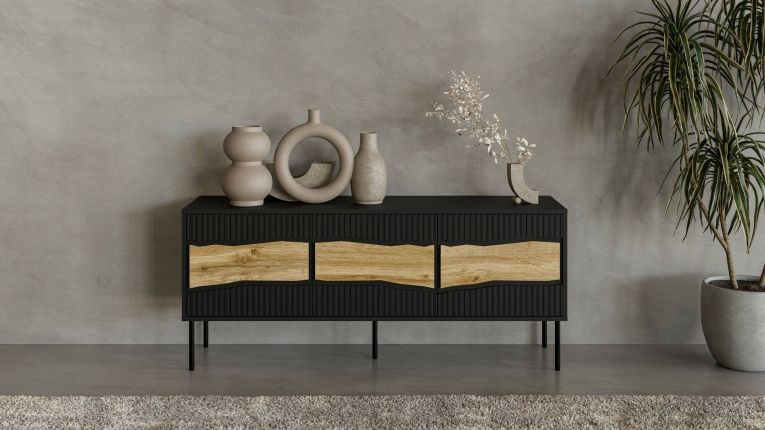 Mobile porta TV Novoli, 144x40 h62 cm, Nero e Rovere Nodi