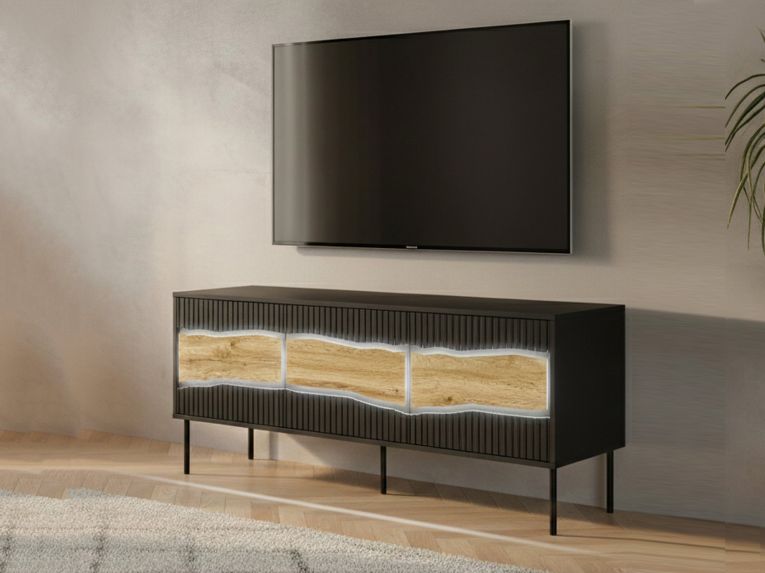 Mobile porta TV Novoli, 144x40 h62 cm, Nero e Rovere Nodi