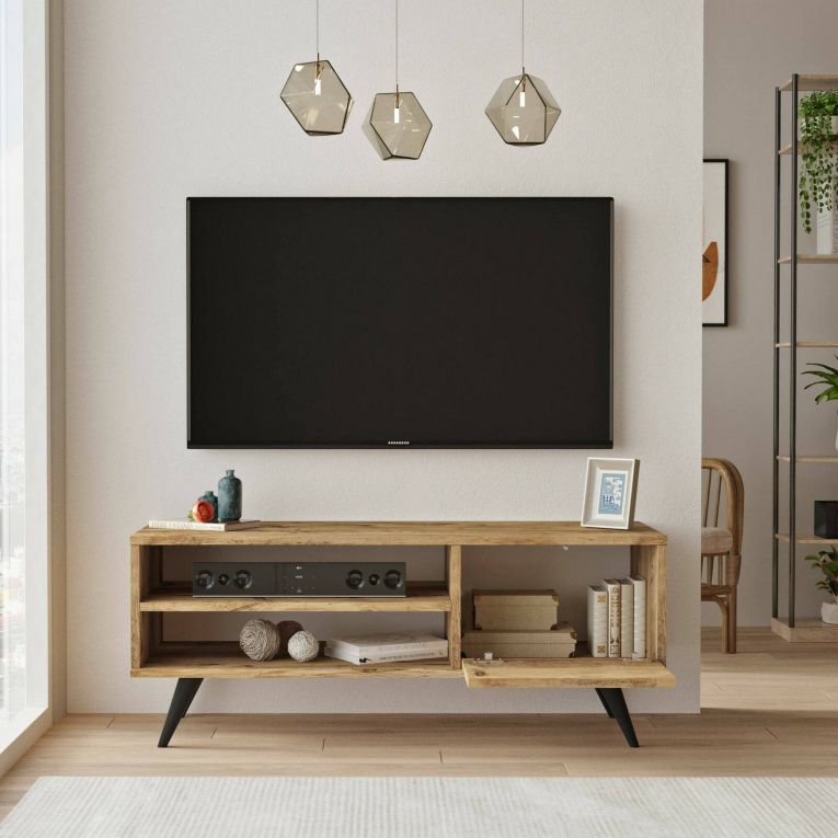 Mobile porta TV Nunk, Supporto per televisione da salotto, Credenza bassa da soggiorno, Base porta TV, 110x40h44 cm, Quercia
