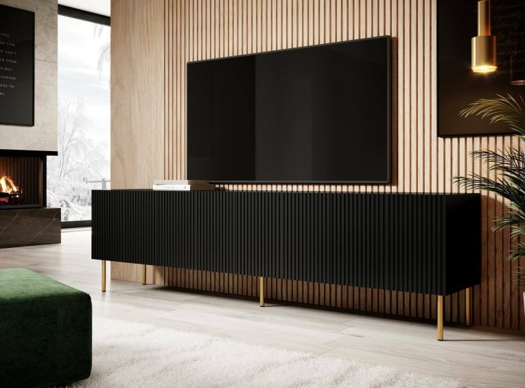 Mobile porta TV Ovar, Madia da salotto con quattro ante battenti, Rialzato da terra, 200x42 h52 cm, Nero