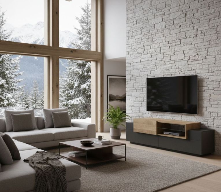 Mobile porta TV Pablo, Credenza bassa da soggiorno, Base porta TV, 100% Made in Italy, cm 160x45h51, Antracite e Acero