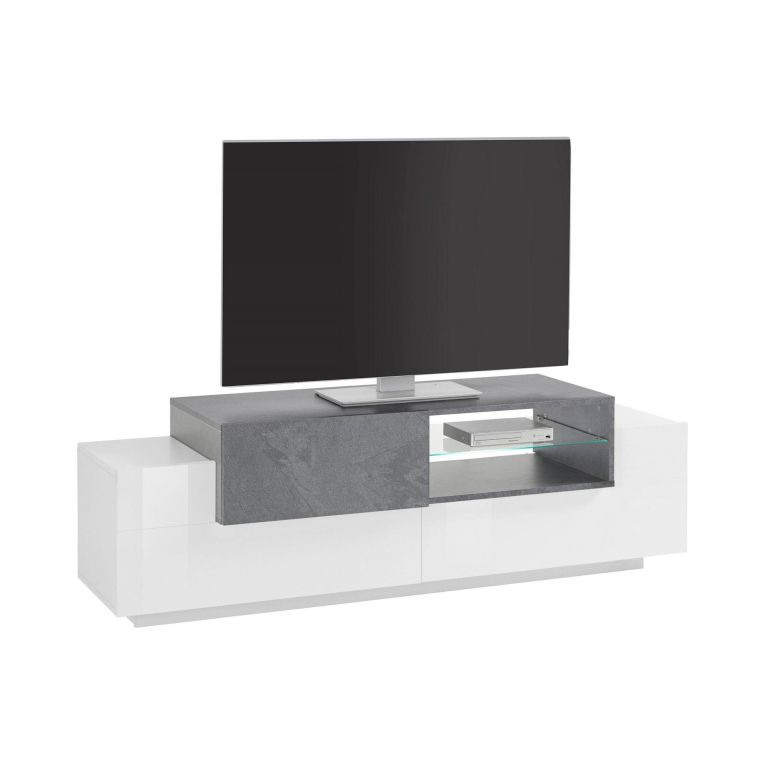 Mobile porta TV Pablo, Credenza bassa da soggiorno, Base porta TV, 100% Made in Italy, cm 160x45h51, Bianco lucido e Ardesia