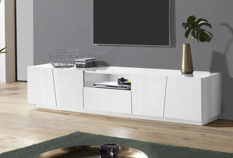 Mobile porta TV Paul, Credenza bassa da soggiorno, Base porta TV, 100% Made in Italy, cm 220x43h46, Bianco lucido