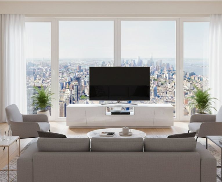 Mobile porta TV Paul, Credenza bassa da soggiorno, Base porta TV, 100% Made in Italy, cm 220x43h46, Bianco lucido