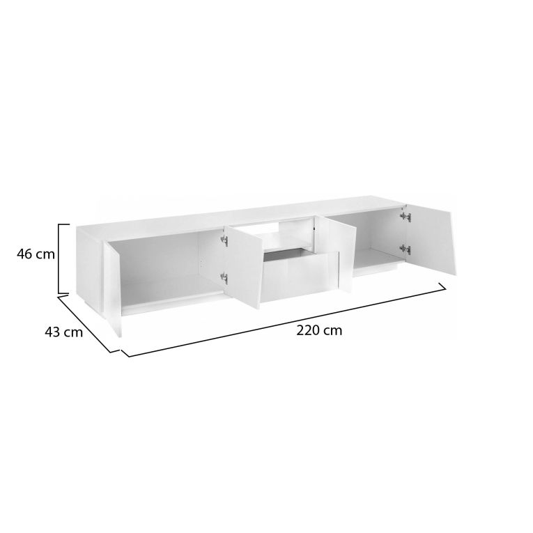 Mobile porta TV Paul, Credenza bassa da soggiorno, Base porta TV, 100% Made in Italy, cm 220x43h46, Bianco lucido