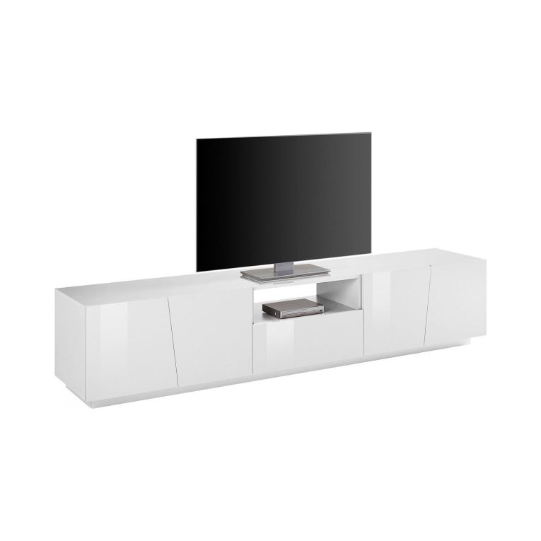 Mobile porta TV Paul, Credenza bassa da soggiorno, Base porta TV, 100% Made in Italy, cm 220x43h46, Bianco lucido
