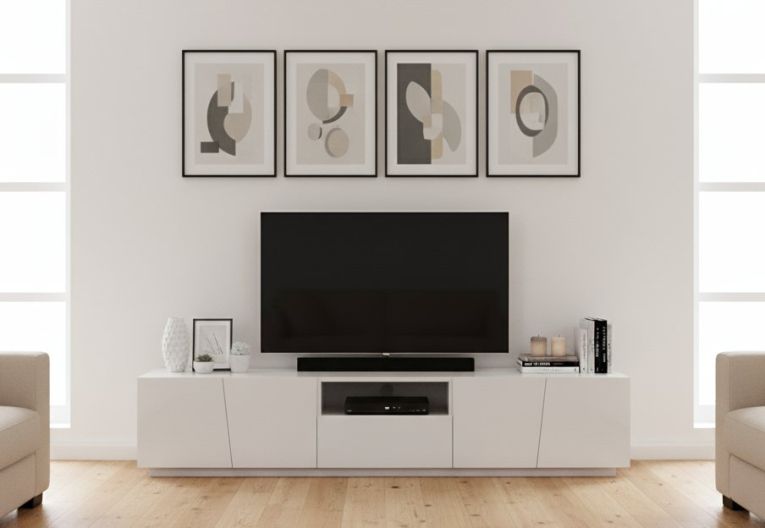 Mobile porta TV Paul, Credenza bassa da soggiorno, Base porta TV, 100% Made in Italy, cm 220x43h46, Bianco lucido, con luce LED