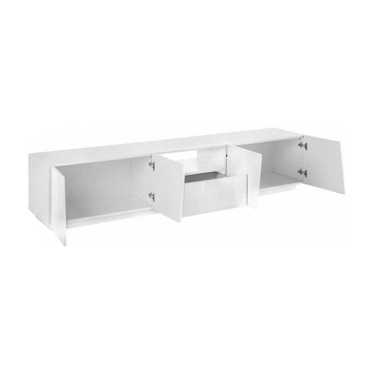 Mobile porta TV Paul, Credenza bassa da soggiorno, Base porta TV, 100% Made in Italy, cm 220x43h46, Bianco lucido, con luce LED