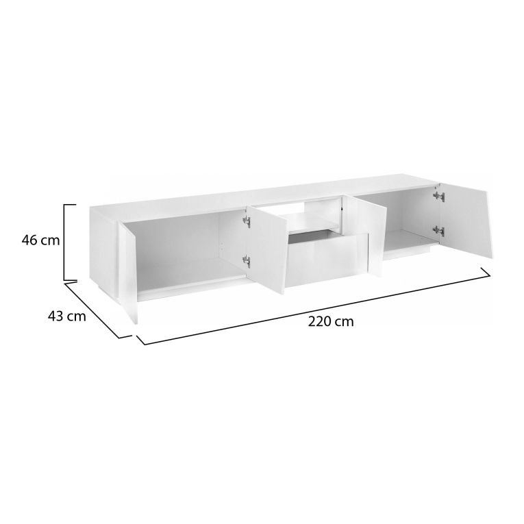 Mobile porta TV Paul, Credenza bassa da soggiorno, Base porta TV, 100% Made in Italy, cm 220x43h46, Bianco lucido, con luce LED