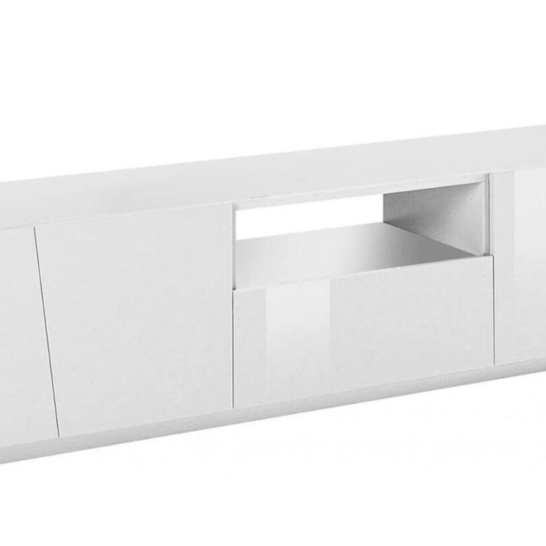 Mobile porta TV Paul, Credenza bassa da soggiorno, Base porta TV, 100% Made in Italy, cm 220x43h46, Bianco lucido, con luce LED