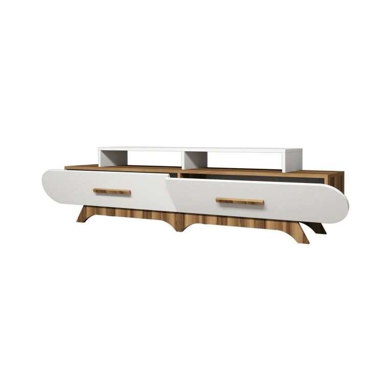 Mobile porta TV Phec, Supporto per televisione da salotto, Credenza bassa da soggiorno, Base porta TV, 205x37h50 cm, Noce e Bianco