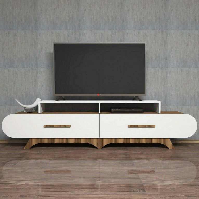 Mobile porta TV Phec, Supporto per televisione da salotto, Credenza bassa da soggiorno, Base porta TV, 205x37h50 cm, Noce e Bianco