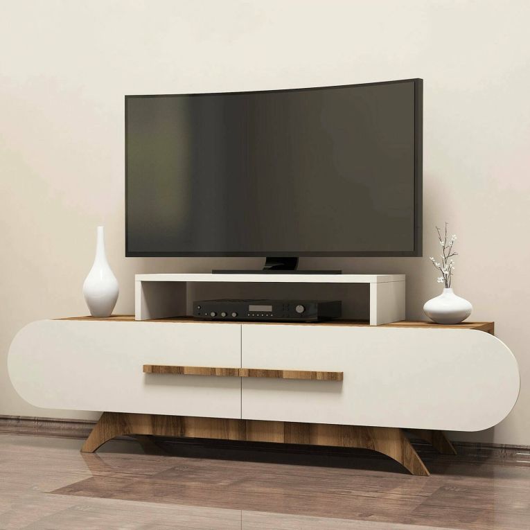 Mobile porta TV Praesepem, Credenza da soggiorno, Armadio basso per TV, Base parete attrezzata, 145x37 h50 cm, Noce e Crema