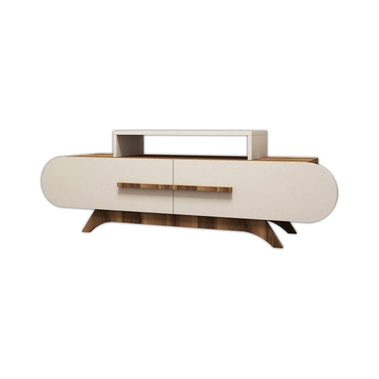 Mobile porta TV Praesepem, Credenza da soggiorno, Armadio basso per TV, Base parete attrezzata, 145x37 h50 cm, Noce e Crema