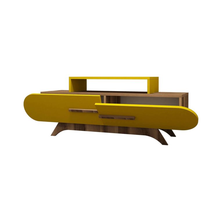 Mobile porta TV Praesepem, Credenza da soggiorno, Armadio basso per TV, Base parete attrezzata, 145x37 h50 cm, Noce e Giallo