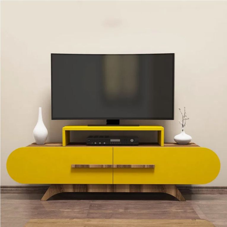 Mobile porta TV Praesepem, Credenza da soggiorno, Armadio basso per TV, Base parete attrezzata, 145x37 h50 cm, Noce e Giallo
