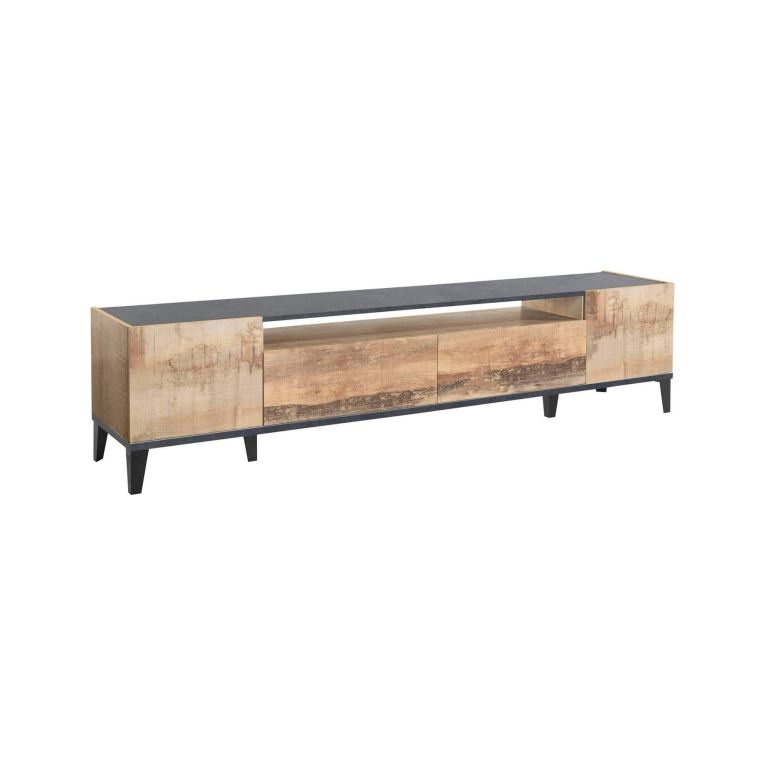 Mobile porta TV Raffaele, Credenza bassa da soggiorno a 2 ante, Base porta TV, 100% Made in Italy, cm 200x40h47, Ardesia e Acero