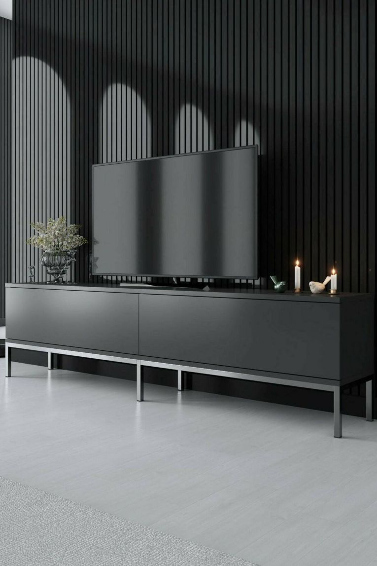Mobile porta TV Regulus, Supporto per televisione da salotto, Credenza bassa da soggiorno, Base porta TV, 180x30h47 cm, Antracite e Argento