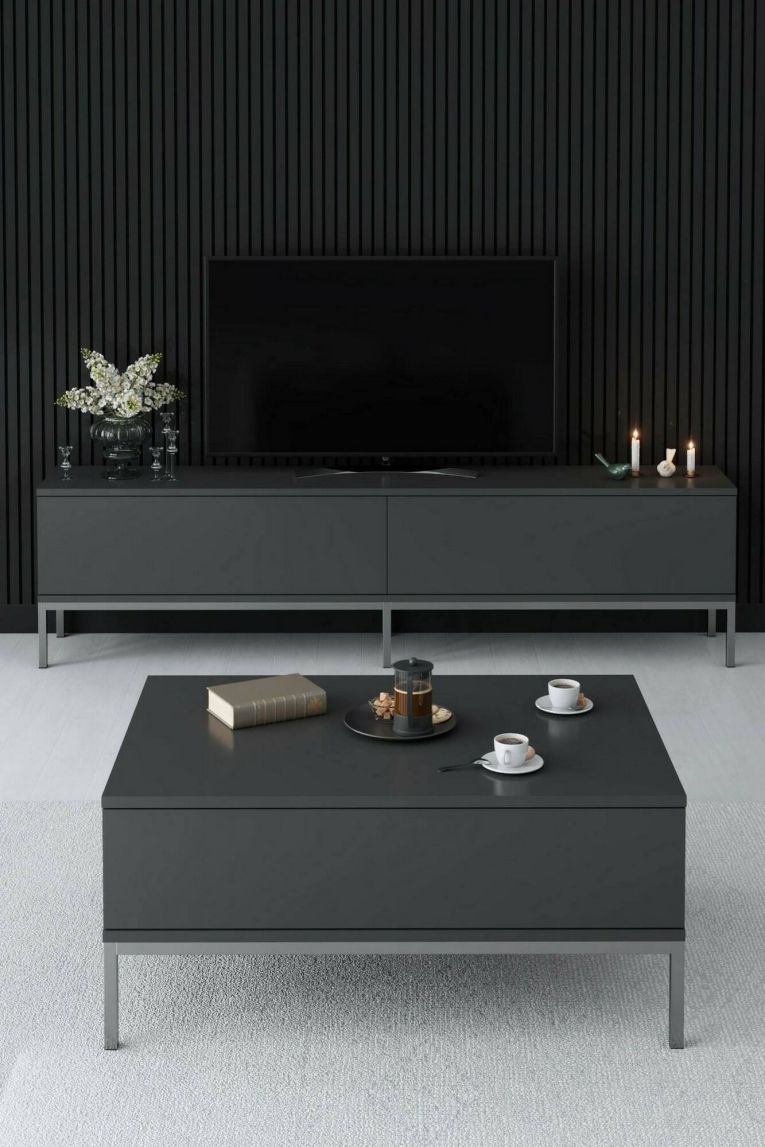 Mobile porta TV Regulus, Supporto per televisione da salotto, Credenza bassa da soggiorno, Base porta TV, 180x30h47 cm, Antracite e Argento