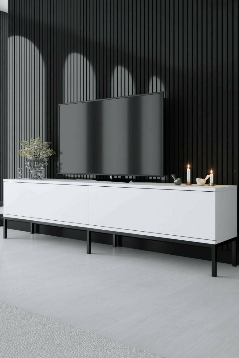 Mobile porta TV Regulus, Supporto per televisione da salotto, Credenza bassa da soggiorno, Base porta TV, 180x30h47 cm, Bianco e Nero