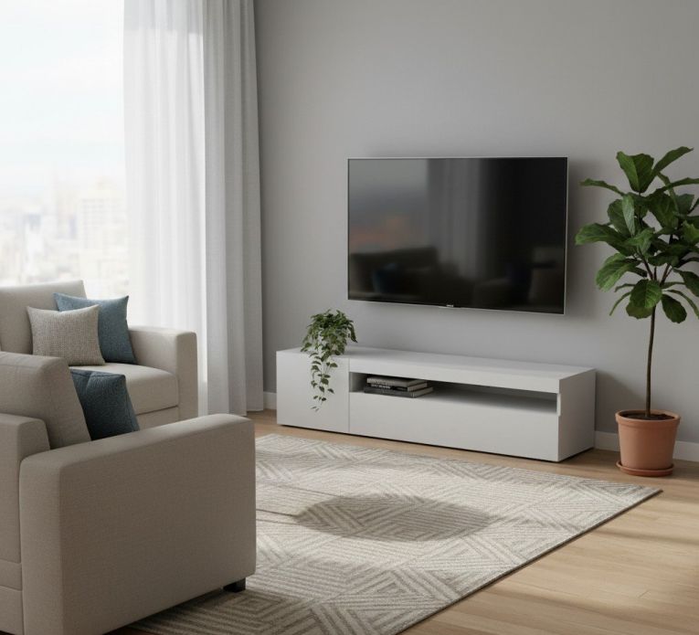 Mobile porta TV Roberto, Credenza bassa da soggiorno a 2 ante, Base porta TV, 100% Made in Italy, cm 150x40h37, Bianco lucido