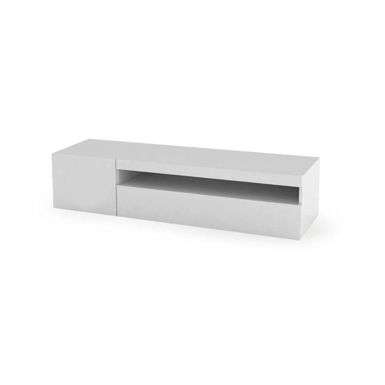 Mobile porta TV Roberto, Credenza bassa da soggiorno a 2 ante, Base porta TV, 100% Made in Italy, cm 150x40h37, Bianco lucido, con luce LED