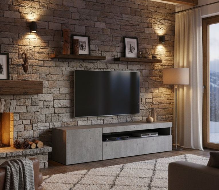 Mobile porta TV Roberto, Credenza bassa da soggiorno a 2 ante, Base porta TV, 100% Made in Italy, cm 150x40h37, Cemento, con luce LED