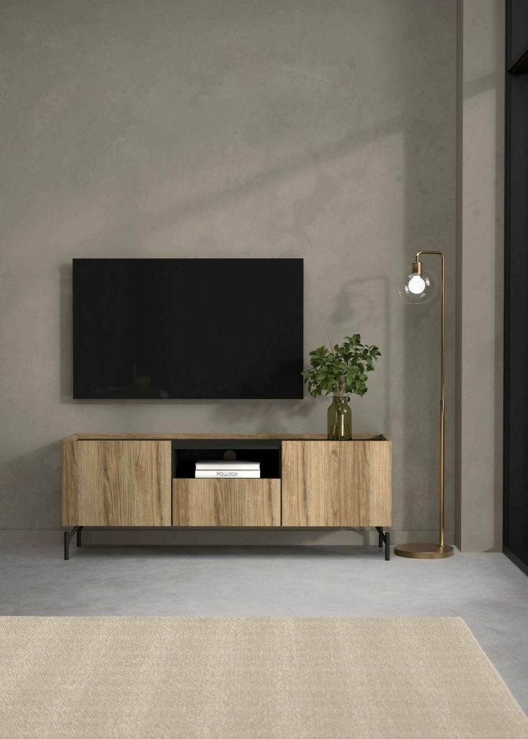 Mobile porta TV Rochele, Credenza da soggiorno, Armadio basso per TV, Base parete attrezzata, 41x147 h54 cm, Quercia e Nero