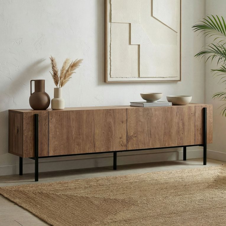 Mobile Porta tv Rovere rustico Nero 2 Ante 4 Vani 180x30x45h cm, Apertura a Ribalta - Noga