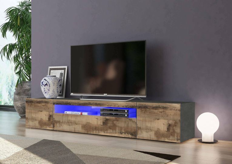 Mobile porta TV Salvatore, Credenza bassa da soggiorno a 3 ante, Base porta TV, 100% Made in Italy, cm 200x40h37, Ardesia e Acero
