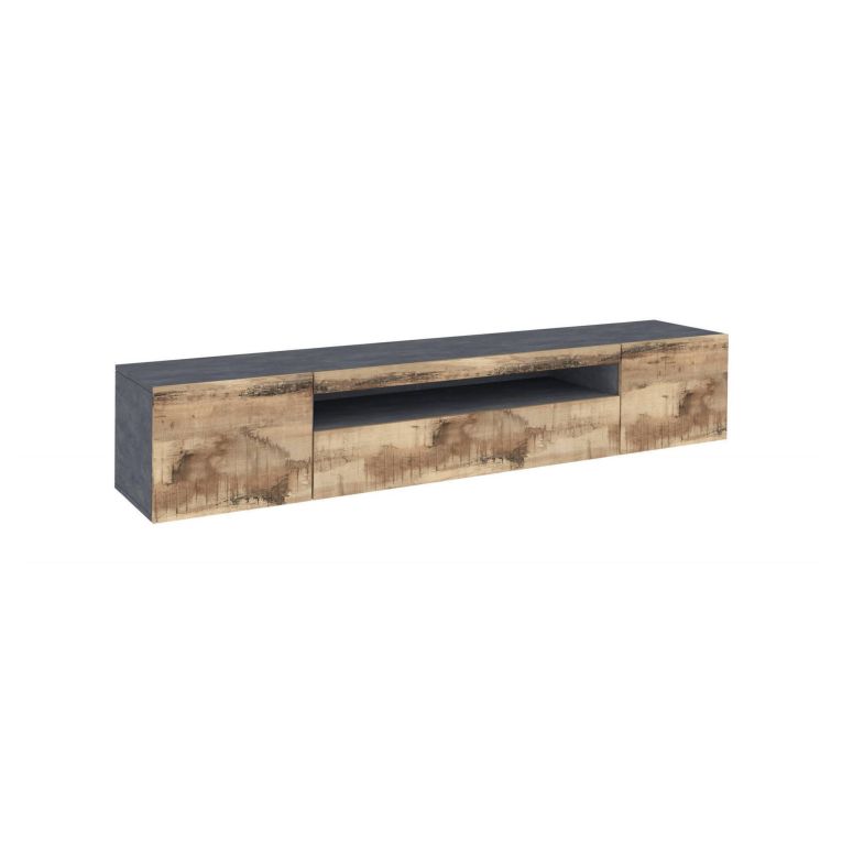 Mobile porta TV Salvatore, Credenza bassa da soggiorno a 3 ante, Base porta TV, 100% Made in Italy, cm 200x40h37, Ardesia e Acero