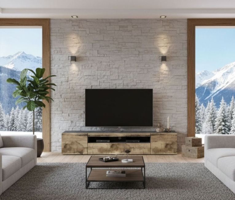 Mobile porta TV Salvatore, Credenza bassa da soggiorno a 3 ante, Base porta TV, 100% Made in Italy, cm 200x40h37, Ardesia e Acero, con luce LED