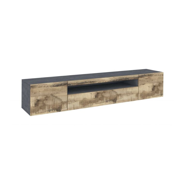 Mobile porta TV Salvatore, Credenza bassa da soggiorno a 3 ante, Base porta TV, 100% Made in Italy, cm 200x40h37, Ardesia e Acero, con luce LED