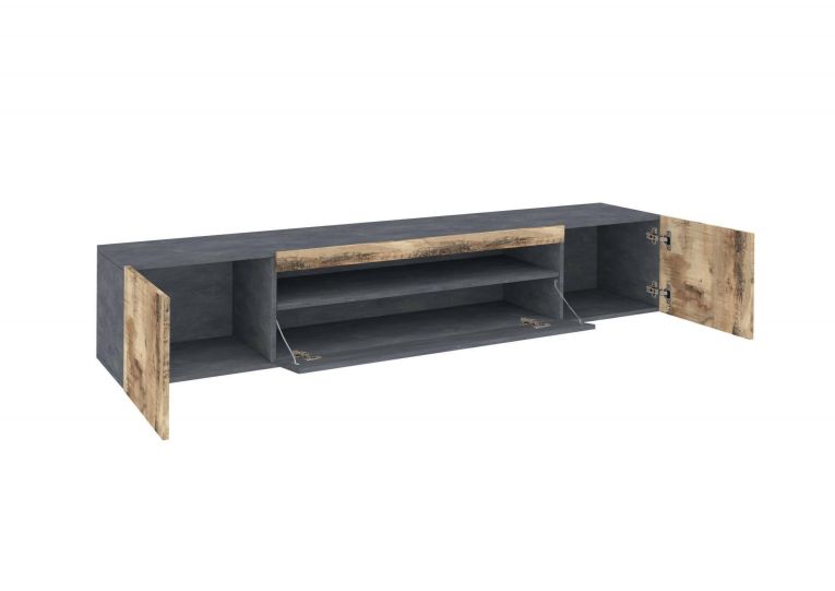 Mobile porta TV Salvatore, Credenza bassa da soggiorno a 3 ante, Base porta TV, 100% Made in Italy, cm 200x40h37, Ardesia e Acero, con luce LED