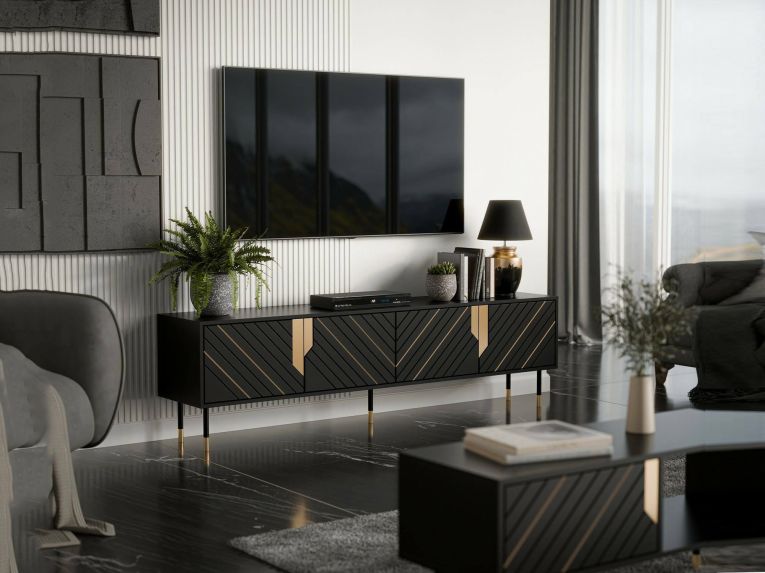 Mobile porta TV Seborga, 204x40 h55 cm, Nero e Oro