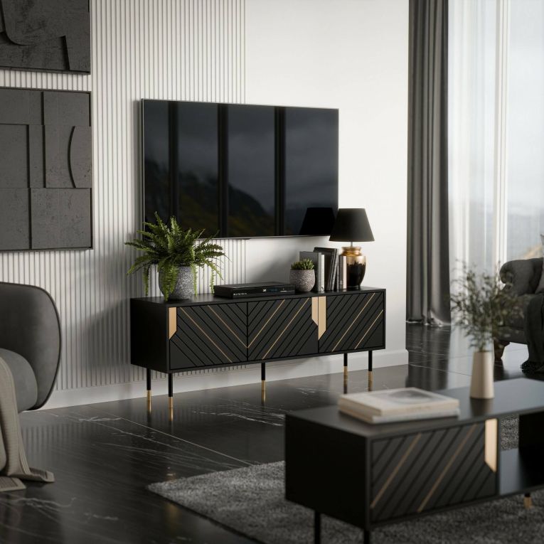 Mobile porta TV Seia, Madia da salotto con tre ante battenti e due vani interni, Rialzato da terra, 154x40 h55 cm, Nero e Oro