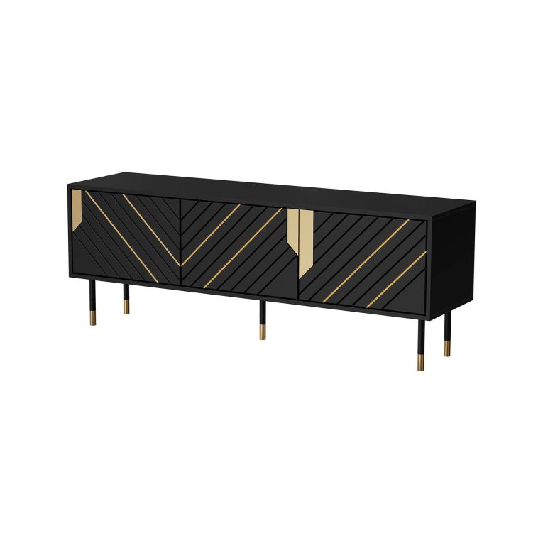 Mobile porta TV Seia, Madia da salotto con tre ante battenti e due vani interni, Rialzato da terra, 154x40 h55 cm, Nero e Oro