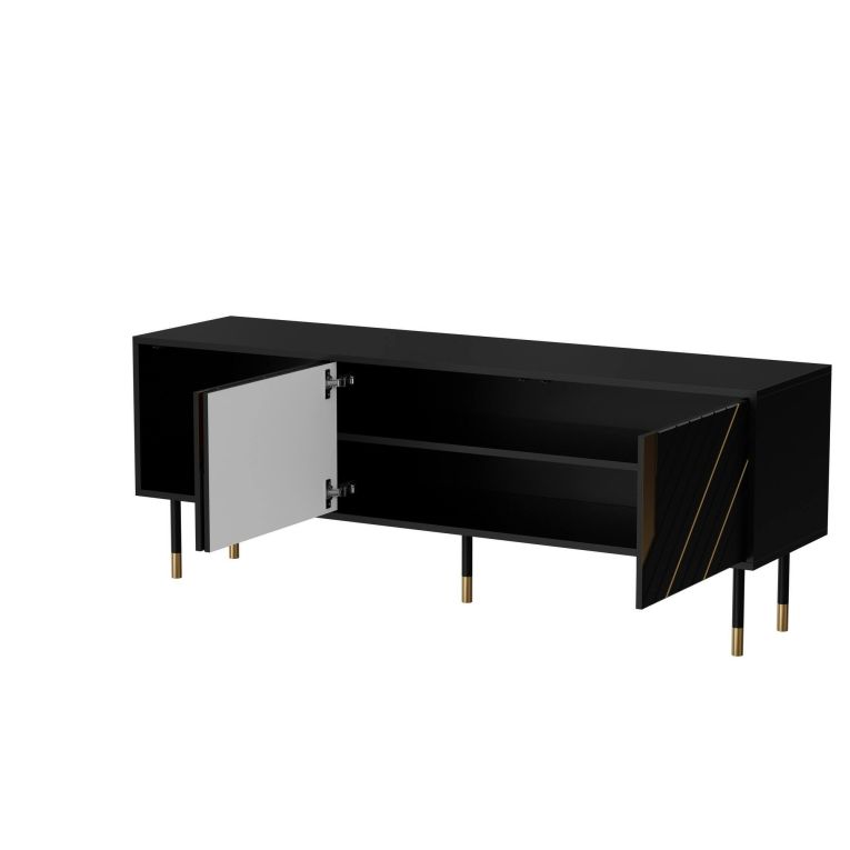 Mobile porta TV Seia, Madia da salotto con tre ante battenti e due vani interni, Rialzato da terra, 154x40 h55 cm, Nero e Oro