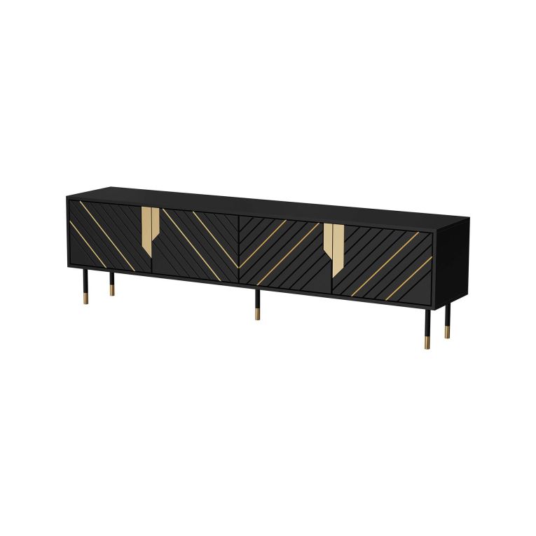 Mobile porta TV Seixal, Madia da salotto con quattro ante battenti e quattro vani interni, Rialzato da terra, 204x40 h55 cm, Nero e Oro