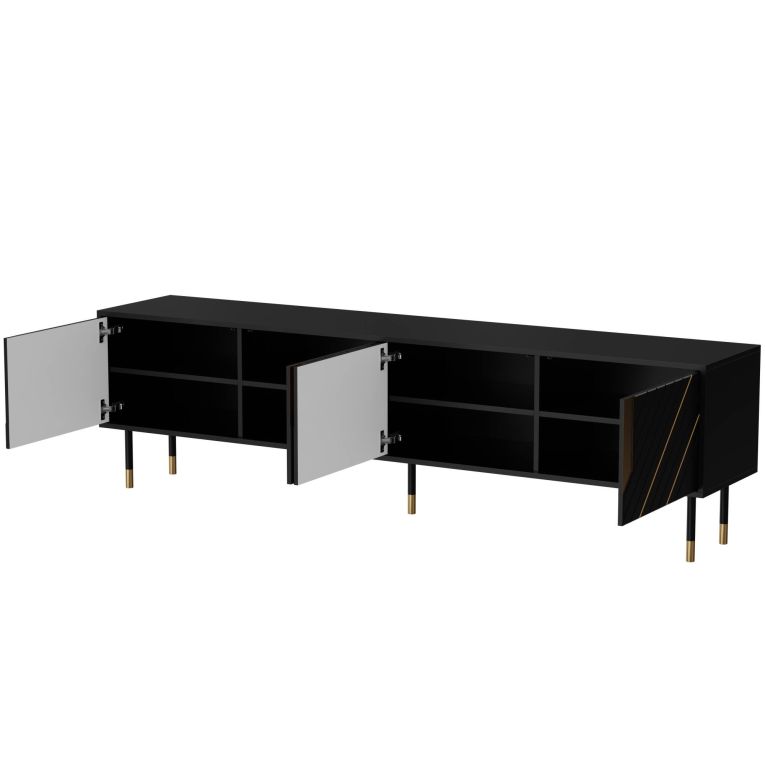 Mobile porta TV Seixal, Madia da salotto con quattro ante battenti e quattro vani interni, Rialzato da terra, 204x40 h55 cm, Nero e Oro