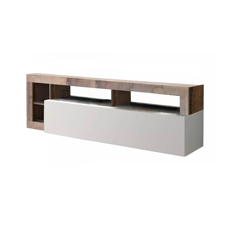 Mobile porta TV Serraia, Credenza da soggiorno, Armadio basso per TV, Base parete attrezzata, Made in Italy, 184x42 h58 cm, Bianco lucido e Acacia