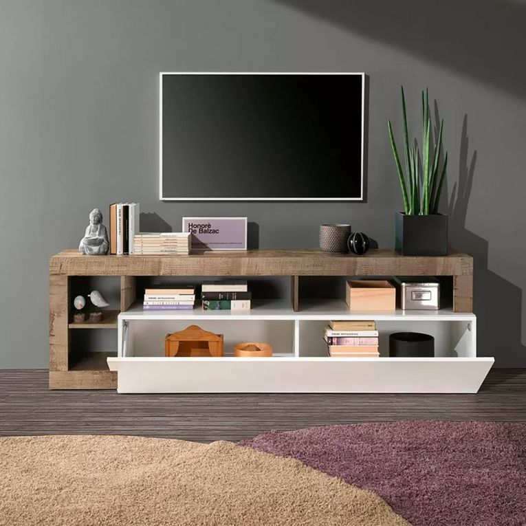 Mobile porta TV Serraia, Credenza da soggiorno, Armadio basso per TV, Base parete attrezzata, Made in Italy, 184x42 h58 cm, Bianco lucido e Acacia