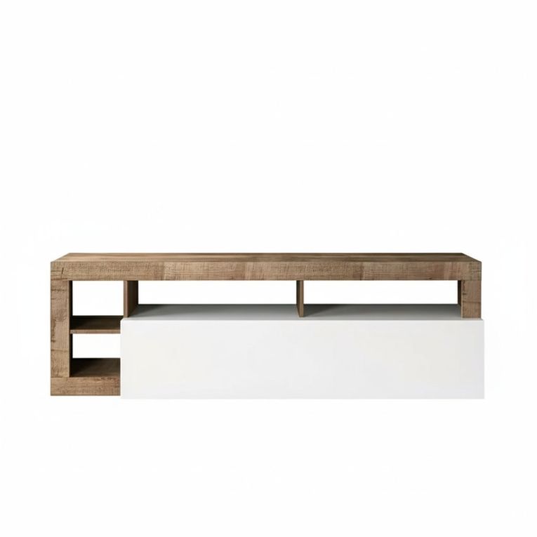 Mobile porta TV Serraia, Credenza da soggiorno, Armadio basso per TV, Base parete attrezzata, Made in Italy, 184x42 h58 cm, Bianco lucido e Acacia