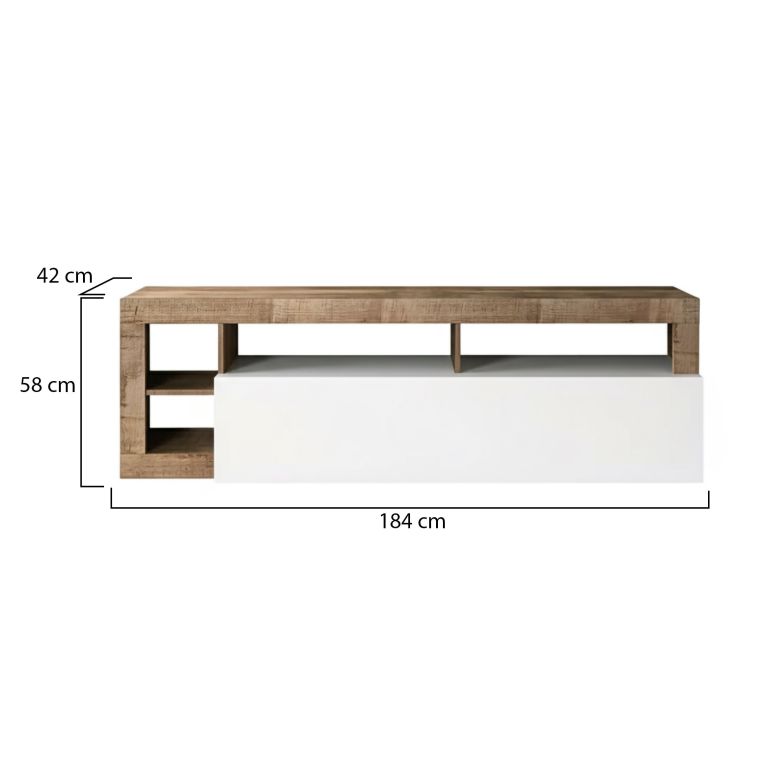 Mobile porta TV Serraia, Credenza da soggiorno, Armadio basso per TV, Base parete attrezzata, Made in Italy, 184x42 h58 cm, Bianco lucido e Acacia