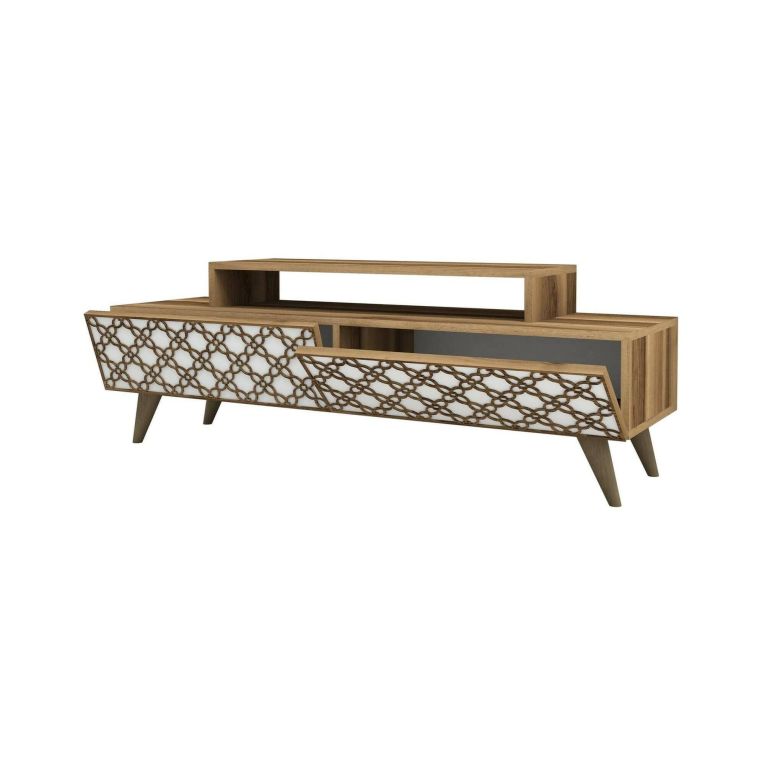 Mobile porta TV Sheratan, Supporto per televisione da salotto, Credenza bassa da soggiorno, Base porta TV, 140x42h49 cm, Noce e Bianco
