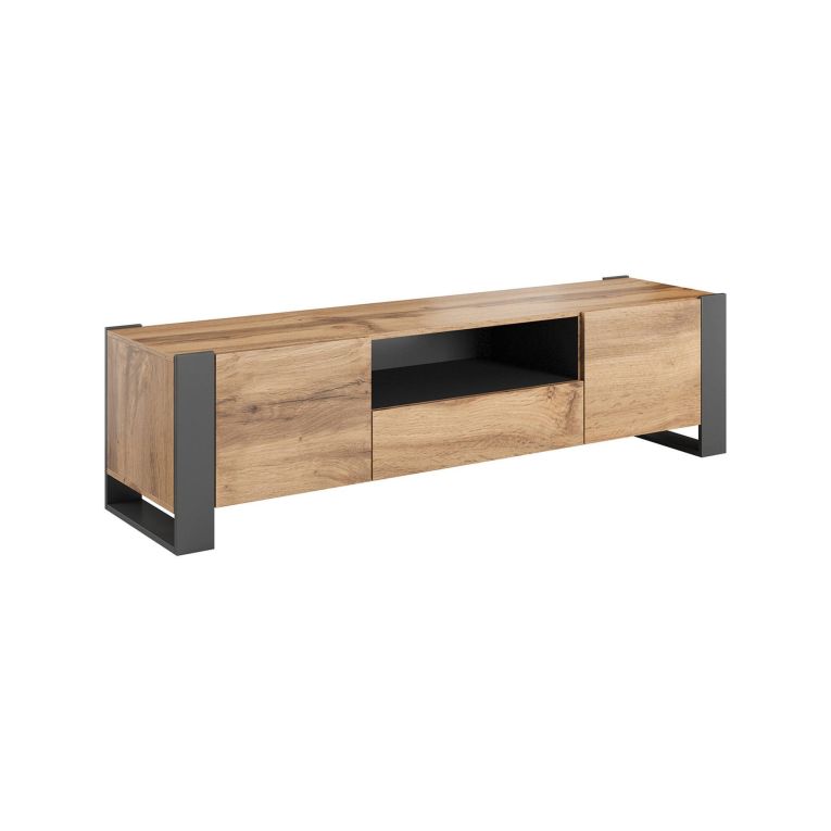 Mobile porta TV Sines, Madia da salotto con ante battenti, vano aperto e cassetto, Rialzato da terra, 180x44 h48 cm, Rovere Nodi e Antracite
