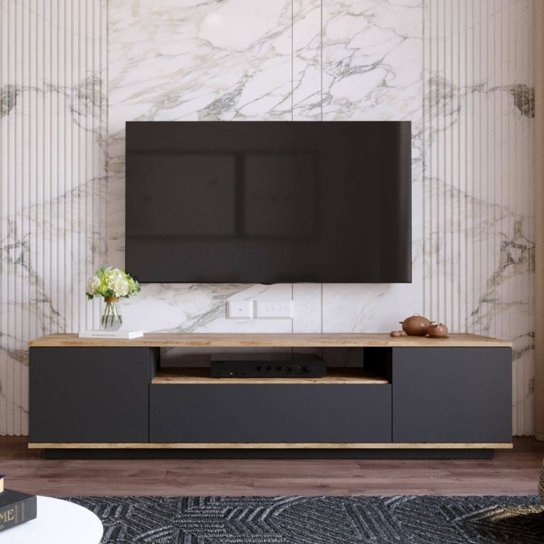 Mobile porta TV Sinope, Supporto per televisione da salotto, Credenza bassa da soggiorno, Base porta TV, 180x45h45 cm, Quercia e Antracite