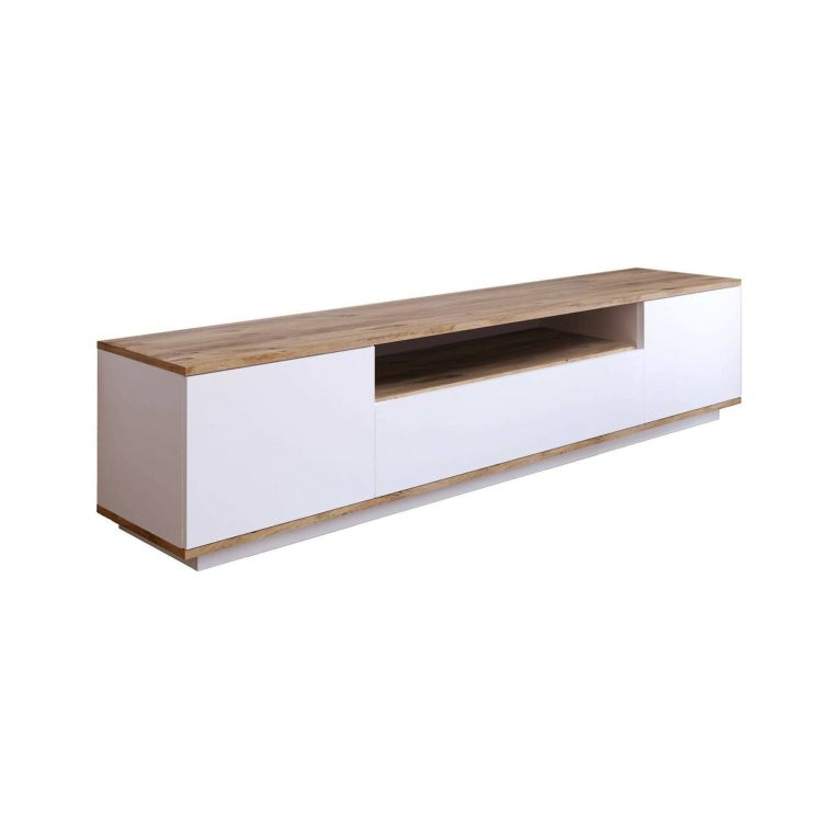 Mobile porta TV Sinope, Supporto per televisione da salotto, Credenza bassa da soggiorno, Base porta TV, 180x45h45 cm, Quercia e Bianco