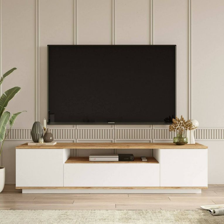 Mobile porta TV Sinope, Supporto per televisione da salotto, Credenza bassa da soggiorno, Base porta TV, 180x45h45 cm, Quercia e Bianco